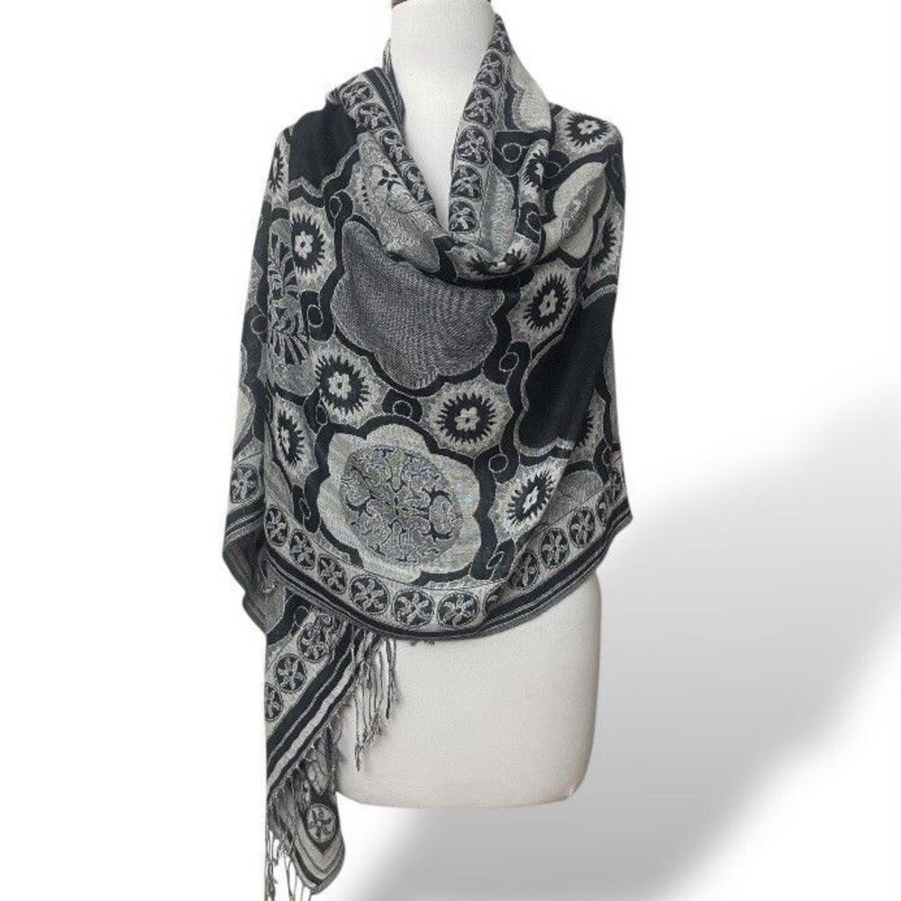Woven Wrap Scarf with Fringe 62x27" Boho Geometric Floral Black Gray Whimsigoth